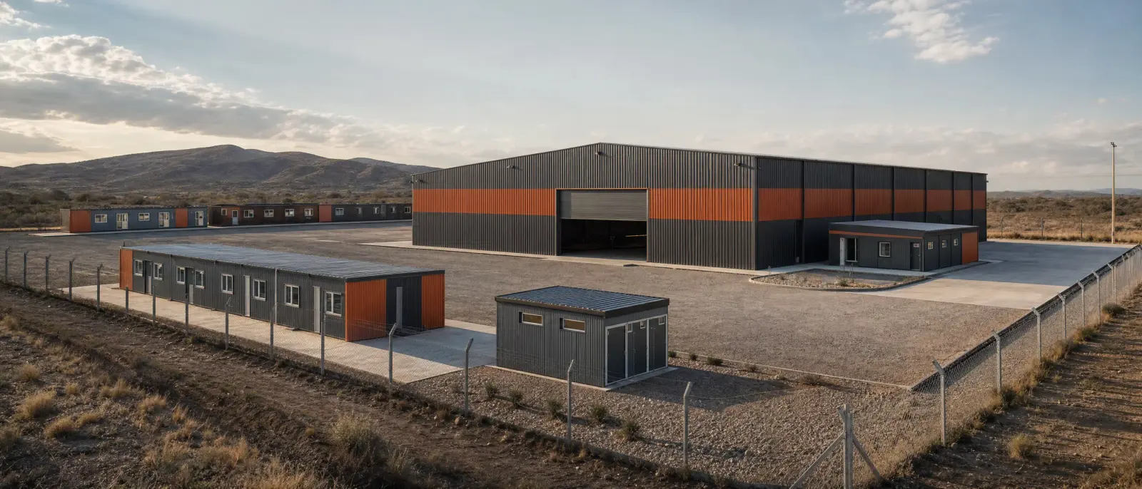 Predio con una nave metálica, una fila de oficinas modulares y un módulo sanitario alrededor de un patio de hormigón.